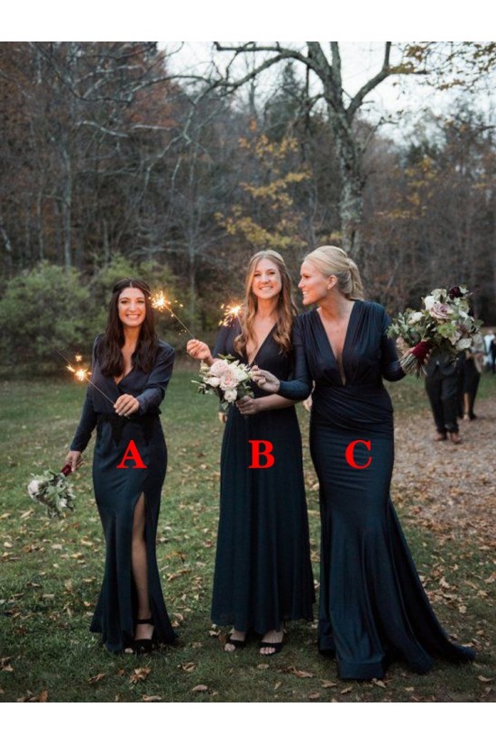 Long Navy Blue Bridesmaid Dresses with Long Sleeves 902094