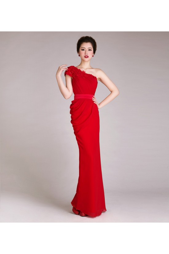 Sheath One-Shoulder Long Red Chiffon Prom Evening Formal Dresses ED011229