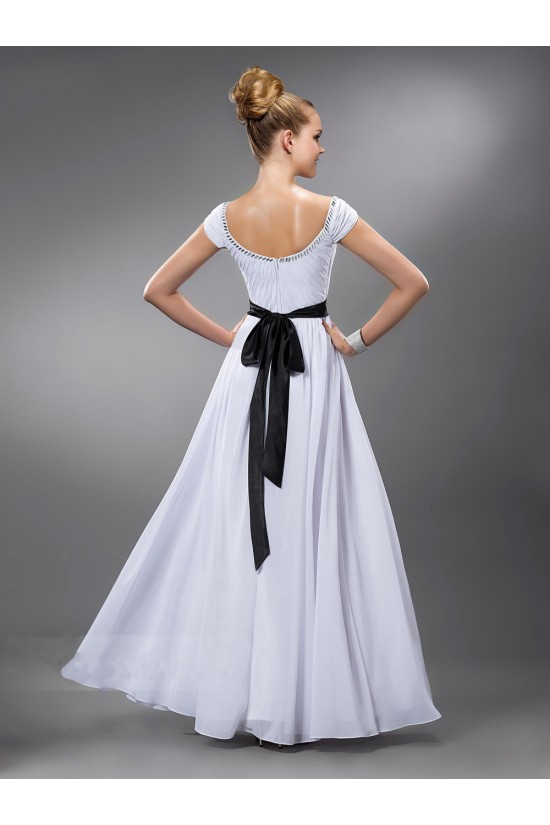 A-Line Cap Sleeve Beaded Long White Chiffon Prom Evening Formal Party Dresses ED010548