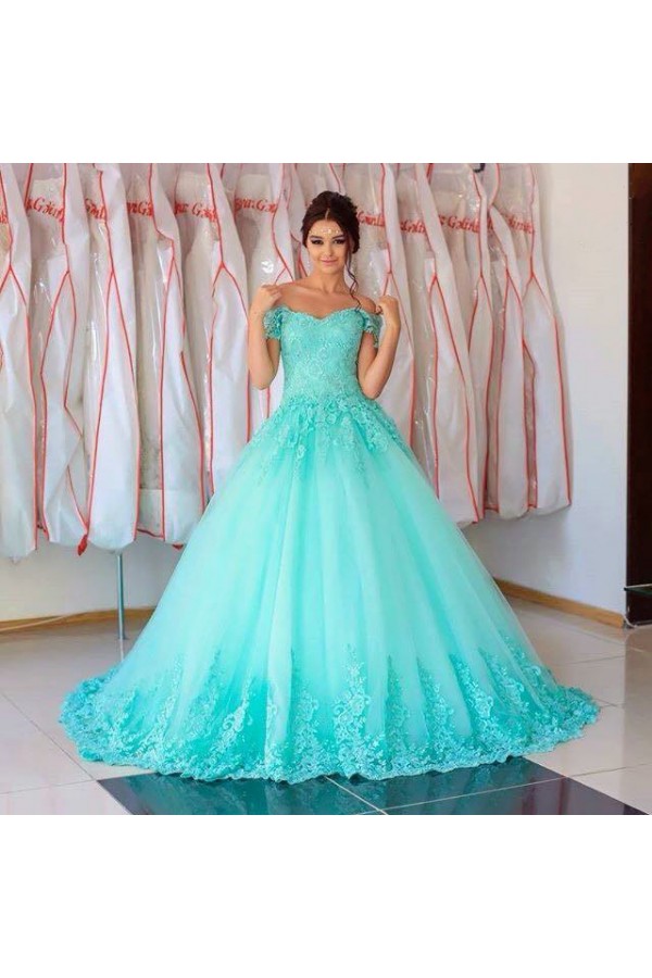 Ball Gown Blue Lace Off-the-Shoulder Long Prom Formal Evening Party ...