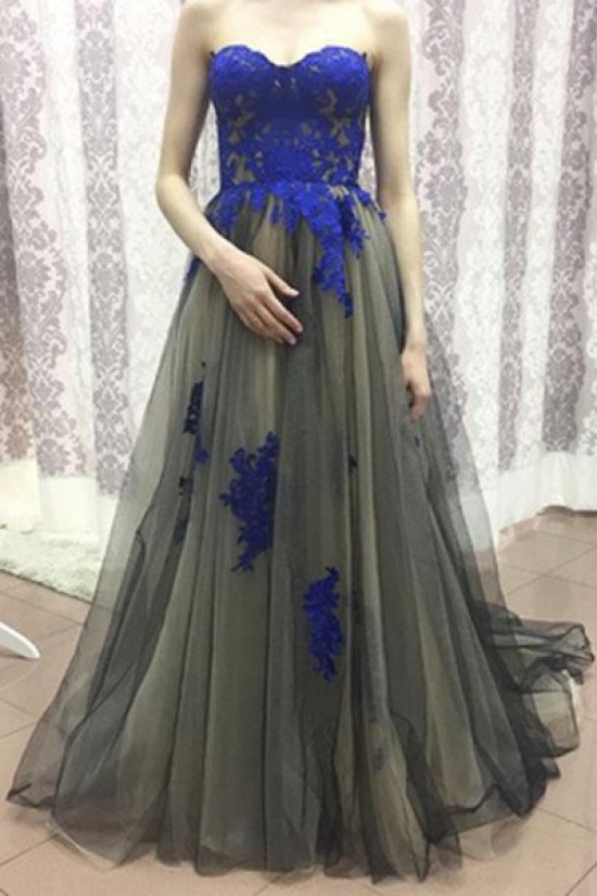 Long Tulle Prom Evening Dresses with Blue Lace Appliques 3020588